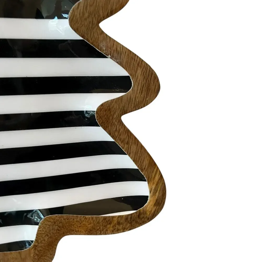 Wooden Christmas Tree Striped Platter 15in Black White Striped Made in India NEW